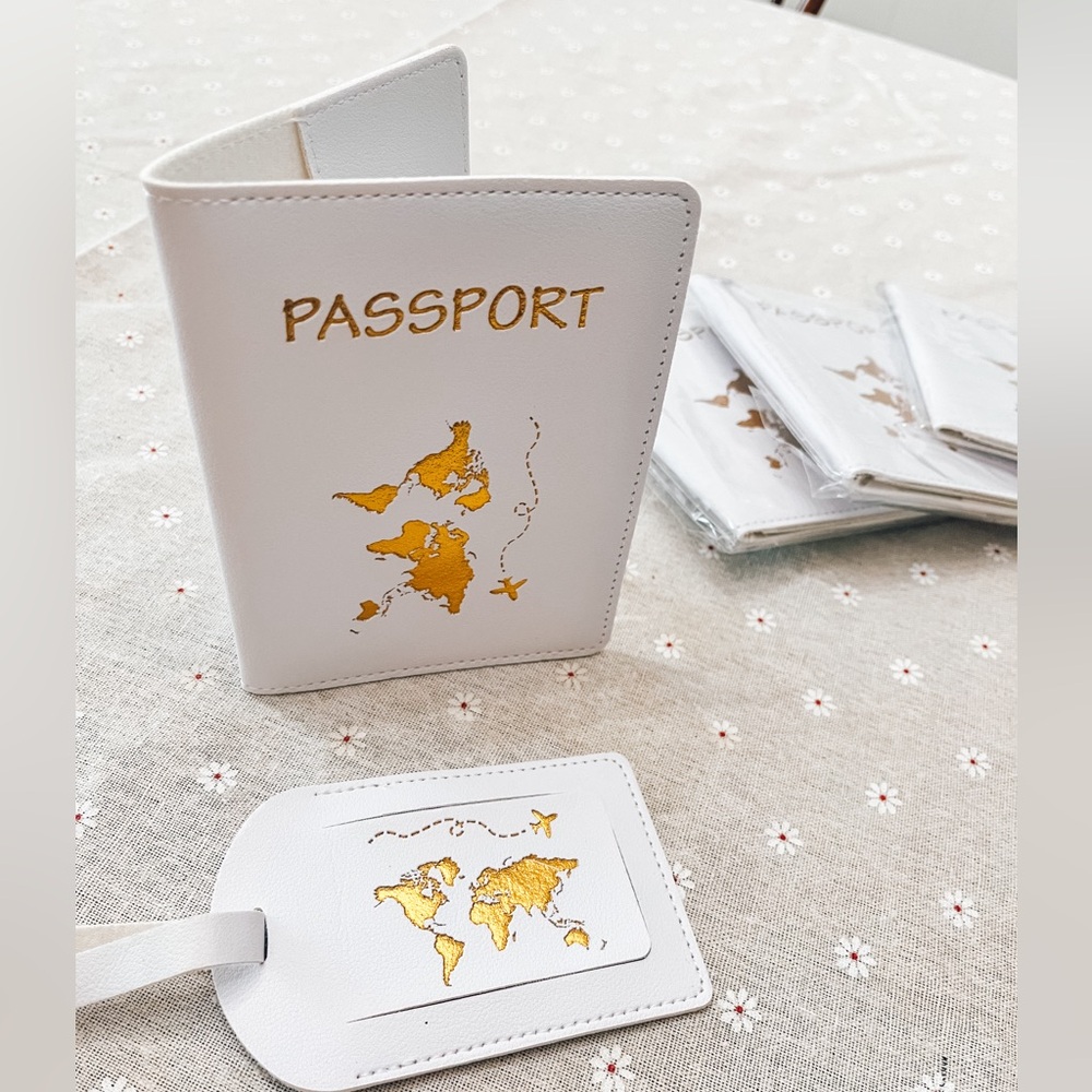 5 NEW White & gold Passport cover & luggage tag sets